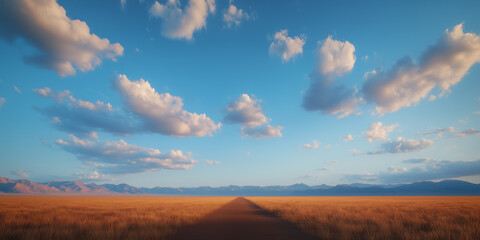 Obraz premium Vast landscape with golden grass and clear blue sky, showcasing distant mountains and fluffy clouds, evoking sense of tranquility and freedom.