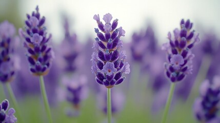 Naklejka premium Close-up view of vibrant purple lavender blossoms in a field, showcasing delicate details and textures of the flowers, conveying a sense of calm and s