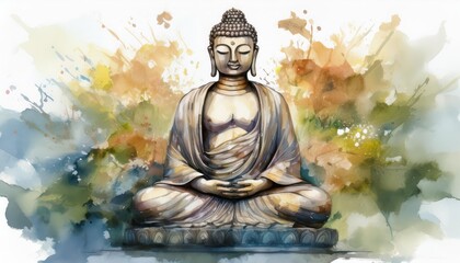 Tranquil Watercolor Portrayal of a Buddha Statue, Embracing Serenity and Wisdom Amidst Vibrant Colors, Radiating Peaceful Energy