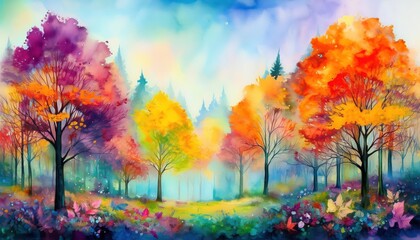 Enchanting Surreal Autumn Forest Landscape A Watercolor Dreamscape Embracing Vibrant Hues and Fantastical Elements, Portraying the Magical Allure of a Transformed Autumnal World.