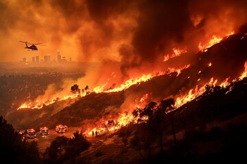 Helicopter and Fire Trucks Battling Intense Wildfire Blaze on a Mountain with City Skyline in Background