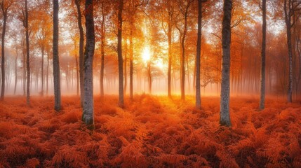 A quiet morning in a forest with mist rising between the tall trees.