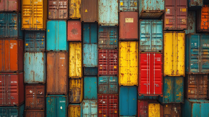 Fototapeta premium Top-down view of an industrial harbor with colorful shipping containers and cargo ships arranged neatly