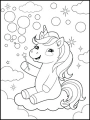 Black and White Unicorn Coloring Page for Kids. Cute, Hand-Drawn, Printable Activity Sheet with Cartoon Characters.
