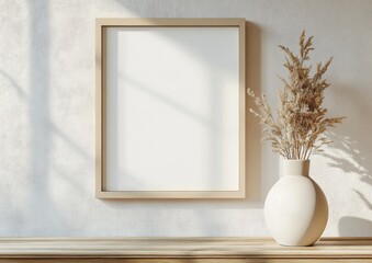 Minimalist Scandinavian Interior with Blank Frame on Neutral Wall and Sculptural Vase