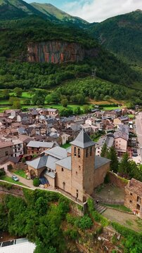 Aerial viiew of the Torla-Ordesa village in Pyrenees, Spain
