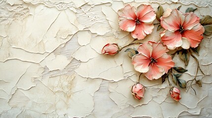 Peach blossoms on textured beige background.