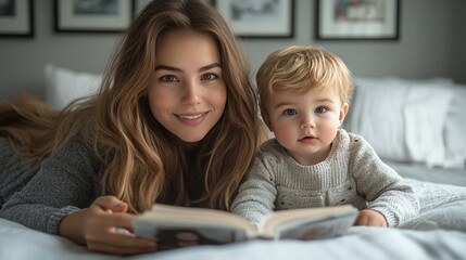Happy mother and toddler son lying on bed, reading a book together.