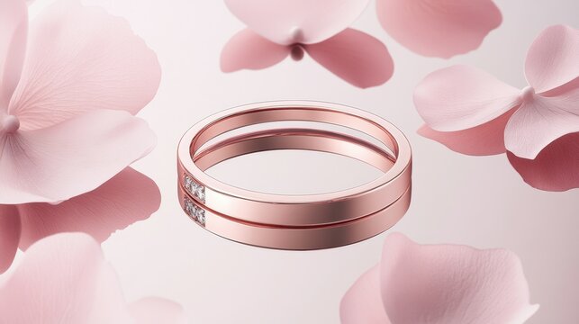 A rose gold diamond ring placed on a mirrored surface, surrounded by delicate petals.