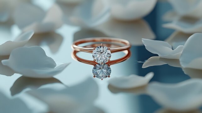 A rose gold diamond ring placed on a mirrored surface, surrounded by delicate petals.