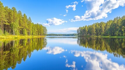 A serene forest lake surrounded by dense woods and calm reflections.