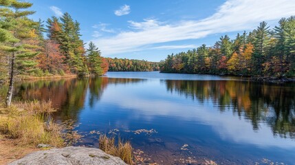 A serene forest lake surrounded by dense woods and calm reflections.