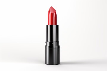 Fototapeta premium Bold red lipstick displayed on a neutral background ready for application in a beauty routine