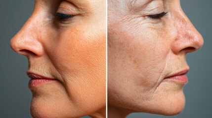Close up side by side cross sectional comparison of collagen skin care on older woman, copy space