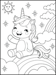Black and White Unicorn Coloring Page for Kids. Cute, Hand-Drawn, Printable Activity Sheet with Cartoon Characters.
