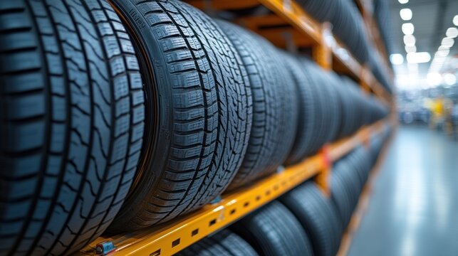 A display of tires on shelves in a storage or retail environment. - Powered by Adobe