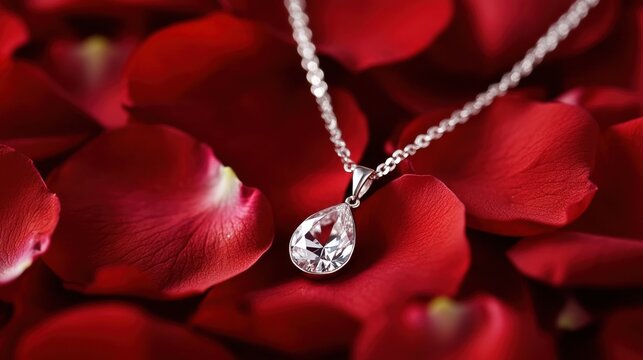 A teardrop diamond necklace placed on a bed of soft rose petals for a romantic aesthetic.