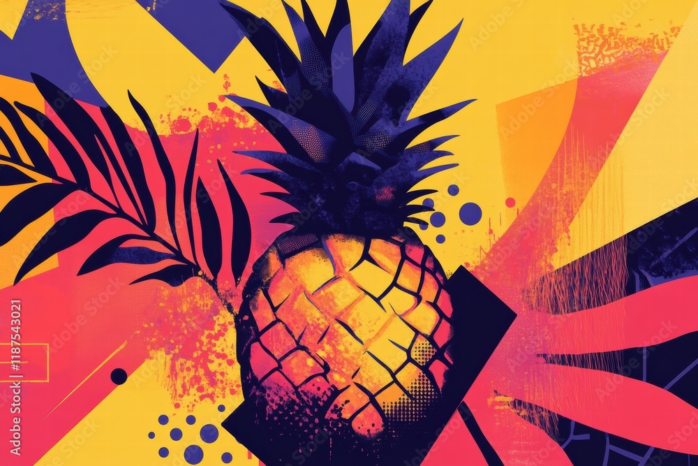 Fototapete Colorful abstract geometric design featuring a pineapple with bold patterns and vibrant colors in a tropical theme. Generative AI