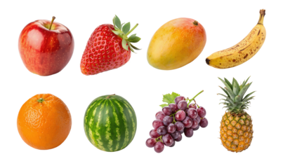 set of fresh fruits cutout apple, watermelon, strawberry, pineapple, grapes, mango, orange, and banana, isolated on transparent white background PNG, Perfect for design, packaging, or digital projects