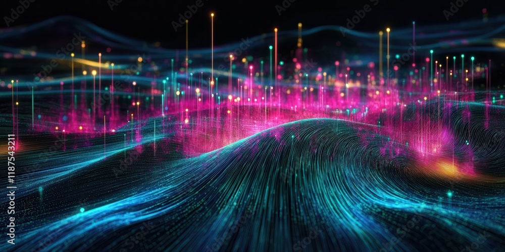 Poster visual representation of colorful data streams in a digital landscape at night highlighting technolo