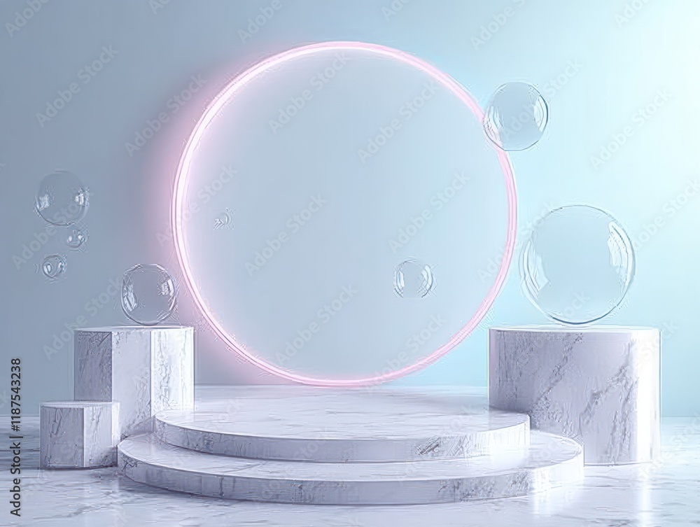 Poster minimalist display setup with circular frame and marble blocks in pastel colors