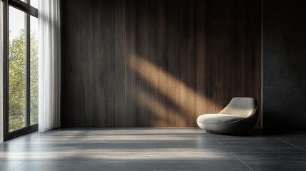 Minimalist Scandinavian Interior with Dark Wooden Wall and Natural Light