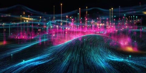 Visual representation of colorful data streams in a digital landscape at night highlighting technology and innovation