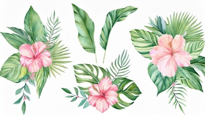 Vibrant Tropical Watercolor Bouquet Lush Greenery and Blushing Blooms, Perfect for Elegant Wedding Invitations