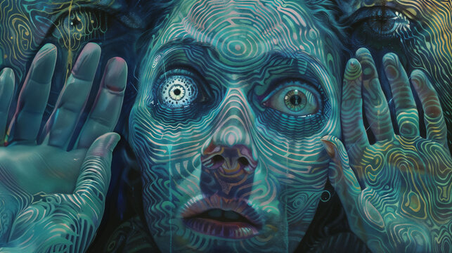 Surreal psychedelic portrait with swirling patterns, depicting altered consciousness and hallucinatory state, hands framing distorted face with ethereal turquoise effects