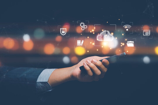 Cloud technology concept Global network of metaverse systems concept, Man hand touch data with internet cloud technology and File Transfer backup copy,Global business Internet for Telecommunication