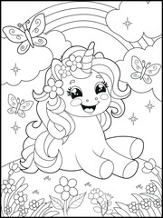 Black and White Unicorn Coloring Page for Kids. Cute, Hand-Drawn, Printable Activity Sheet with Cartoon Characters.
