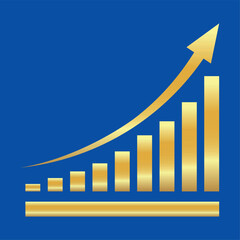 Golden shiny arrow is going up isolated on a blue background. Gold arrow, Vector. Business concept, growing chart. Concept of sales symbol icon with arrow moving up. Economic Arrow With Growing Trend.