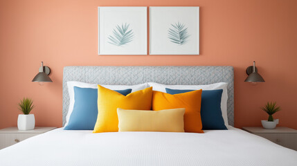Modern bedroom with orange wall, decorative pillows, and plants.