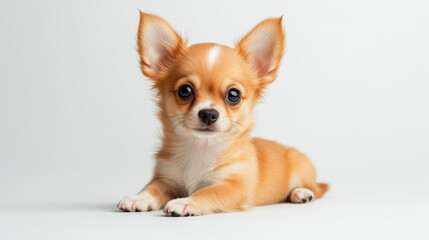 Obraz premium Cute chihuahua puppy with big ears and bright eyes, lying on white background.
