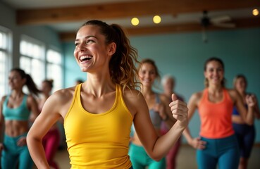 Group of women in fitness class. Actively dancing, smiling. Positive vibes in gym. Energetic, fun, healthy exercise. Good-looking women in sportswear. Fit, sporty women enjoy training. Group fitness
