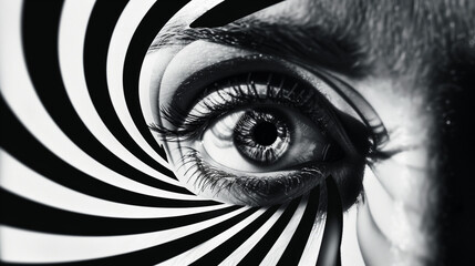 A close-up of a human eye framed by hypnotic black-and-white swirling patterns, conveying surrealism, focus, and psychological depth. Dramatic monochrome effect