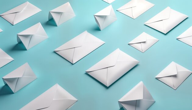 Many white envelopes arranged on light blue background. Geometrically placed envelopes create pattern. Image suggests direct mail marketing campaigns personalized outreach. Represents brand