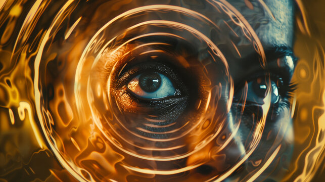 Hypnotic therapy session concept showing intense close-up of human eye with mesmerizing golden spiral pattern, representing trance state and subconscious mind exploration