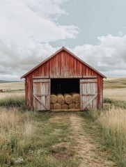 Obraz premium Weathered wooden barn with open doors reveals bundles of hay in a serene countryside setting. Generative AI
