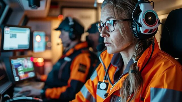 Emergency response team monitors operations in control center with focus on dedicated operator