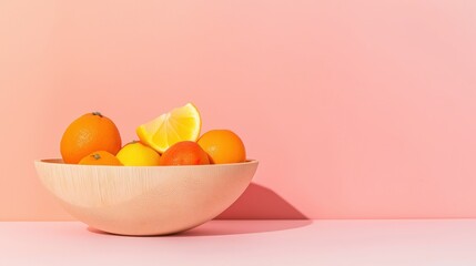 Minimalist citrus fruit arrangement against peach background for fresh design