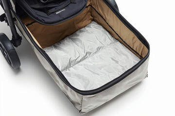 grey stroller storage features detail on white background, compartments open