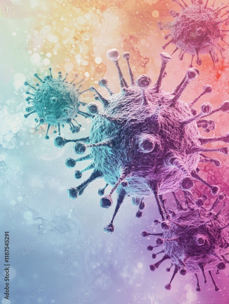 Poster progression of virus forms showcasing from simple structures to advanced morphology in vibrant color