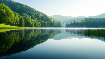   A stunning view of a serene lake enclosed by verdant trees and set against the backdrop of a majestic mountain on a bright afternoon