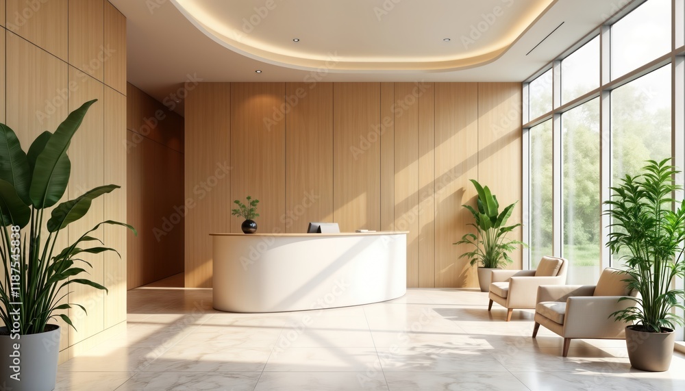 Poster modern reception area with light wood paneling. empty space. white reception desk. large windows wit