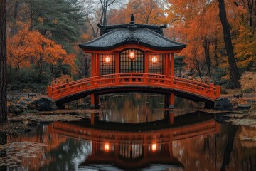 Autumn Leaves and Red Bridge in Japanese Garden with Lantern Lights Reflecting in Pond