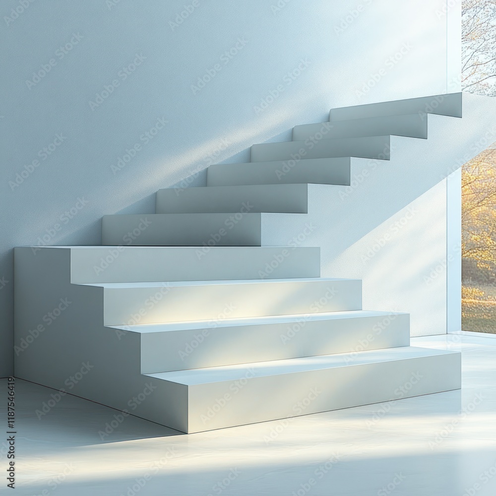 Poster Minimalistic White Staircase Podium for Product Display in Modern Architecture