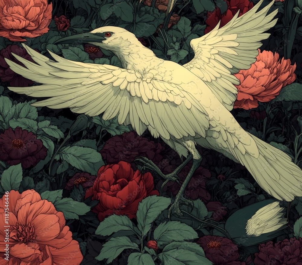 Poster a seamless pattern combining birds resting on branches with intricate floral designs