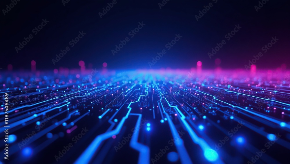 Poster abstract digital circuit board glowing lines and dots