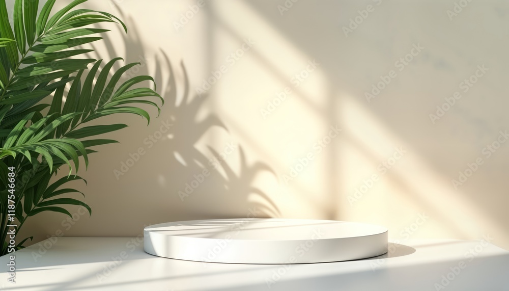 Poster empty white round podium on white table under soft sunlight. tropical palm leaves cast shadows on be